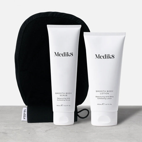 Smooth Body Exfoliating Kit – Vyhladzujúce trio (peeling + rukavica + telové mlieko) s AHA kyselinami na suchú a drsnú pokožku celého tela