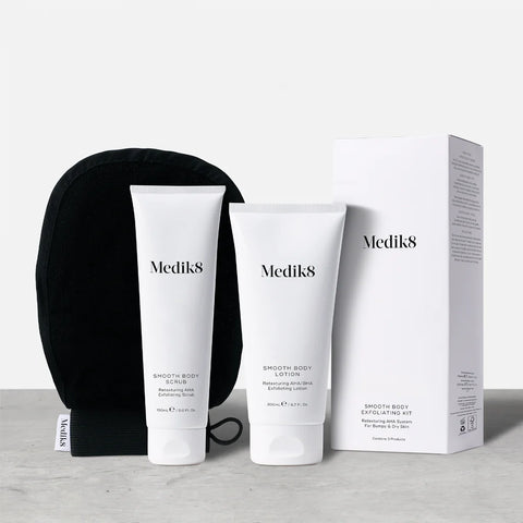 Smooth Body Exfoliating Kit – Vyhladzujúce trio (peeling + rukavica + telové mlieko) s AHA kyselinami na suchú a drsnú pokožku celého tela