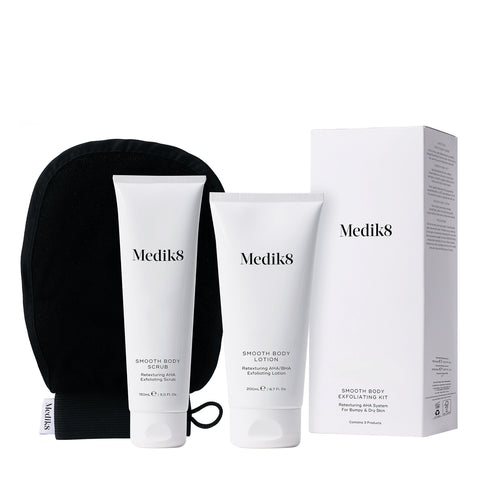 Smooth Body Exfoliating Kit – Vyhladzujúce trio (peeling + rukavica + telové mlieko) s AHA kyselinami na suchú a drsnú pokožku celého tela